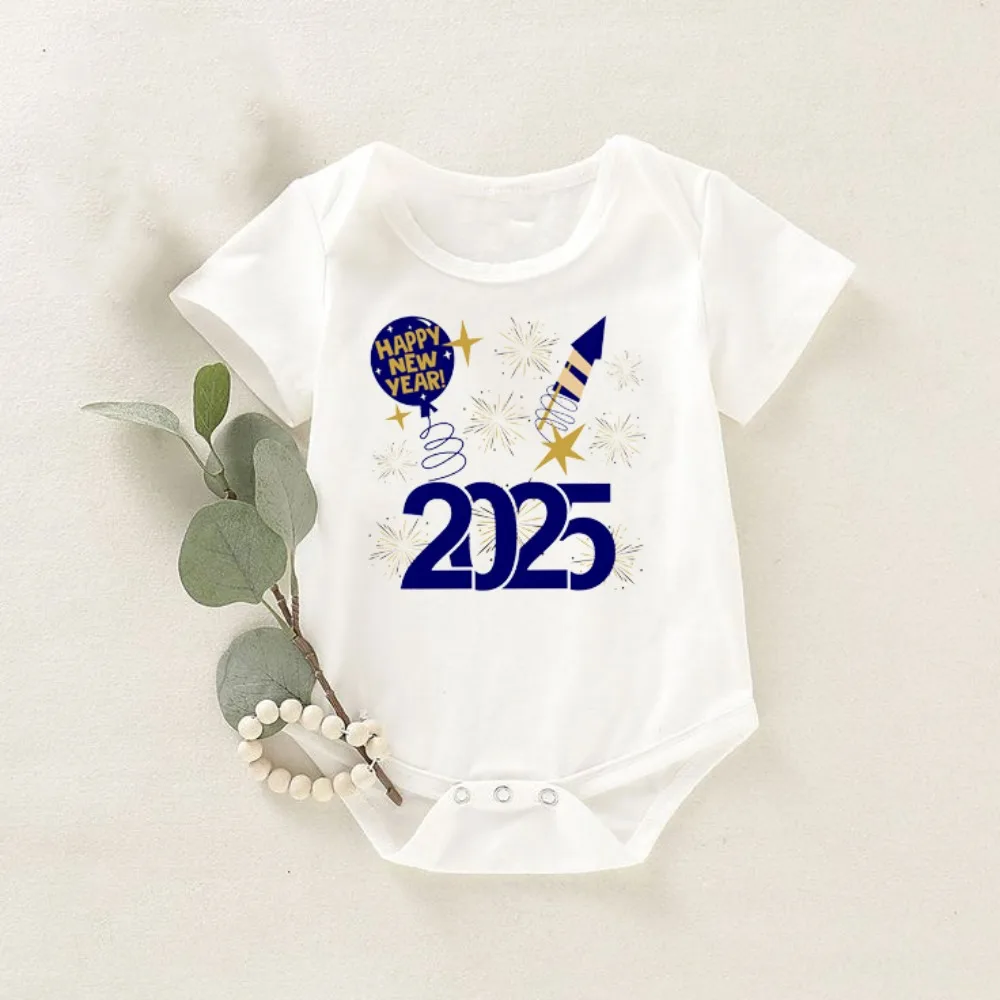 

Happy New Year 2025 Print Baby Romper Casual Short Sleeve Round Neck Infant Bodysuit Fashion Summer Girls Boys Clothing