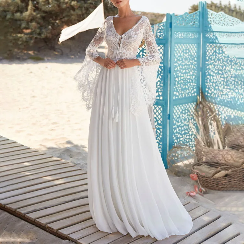 2025 Beach Boho Long Sleeves Wedding Dress V Neck Custom Made Plus Size Backless Cut Out Lace Destination Vestidos De Noiva