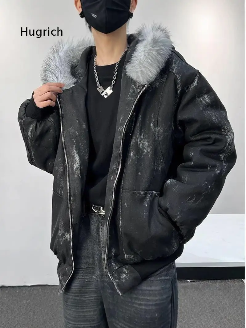 Mens Hooded Cotton Coat With Faux Fur Collar Tie Dye Design Thickened Warm Outerwear Fashion Winter Jacket For Street Style Dai
