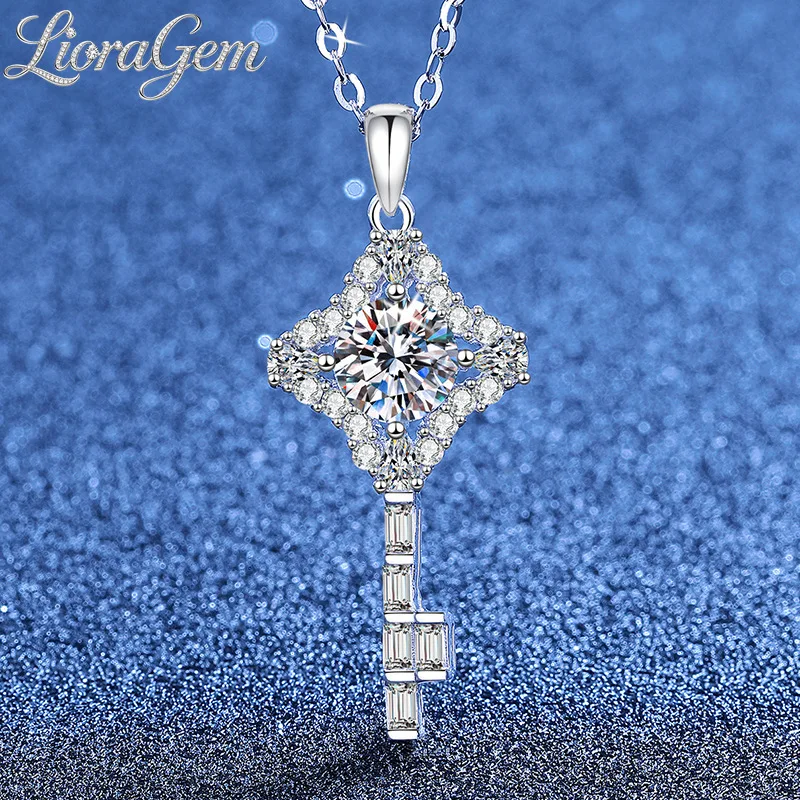 LioraGem Platinum PT950 Shiny 1-carat Women's Moissanite Necklace, Fashionable Lucky Knot Key Sweater Chain with Diamond Pendant