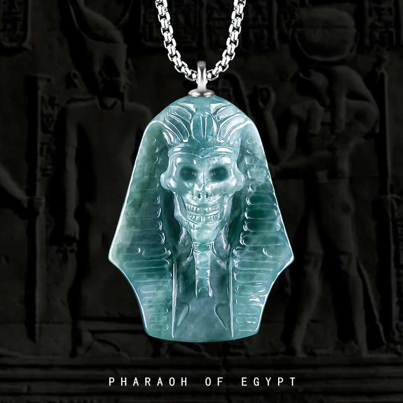 

3D Pharaoh Blue Water Jade Pendant S925 Silver Icy Crystal Unisex Hip Hop Necklace