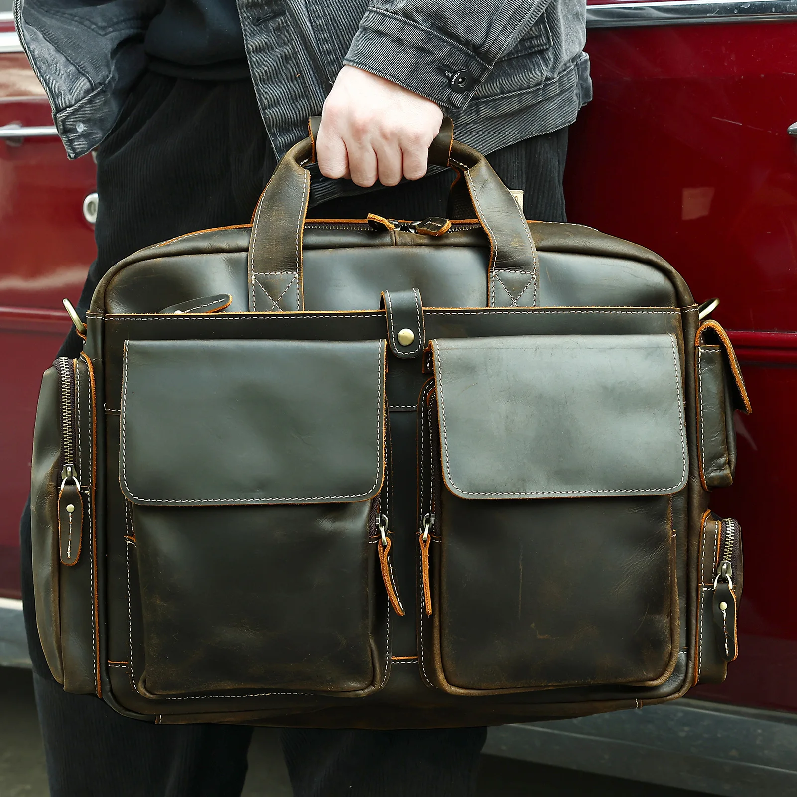 Highend A4 Vintage Black Coffee Genuino Cuoio Executive Valigetta da uomo Portafoglio 15.6 '' 14 '' Borsa per laptop Borse a tracolla
