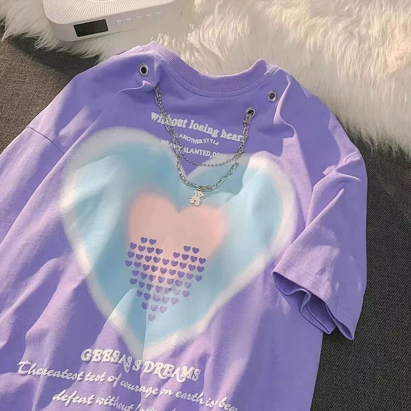 High Street Chain T-shirt Women Summer Fashion New Casual Loose Graphic Sense Print Letter Basics O-neck Tops Feed Chain