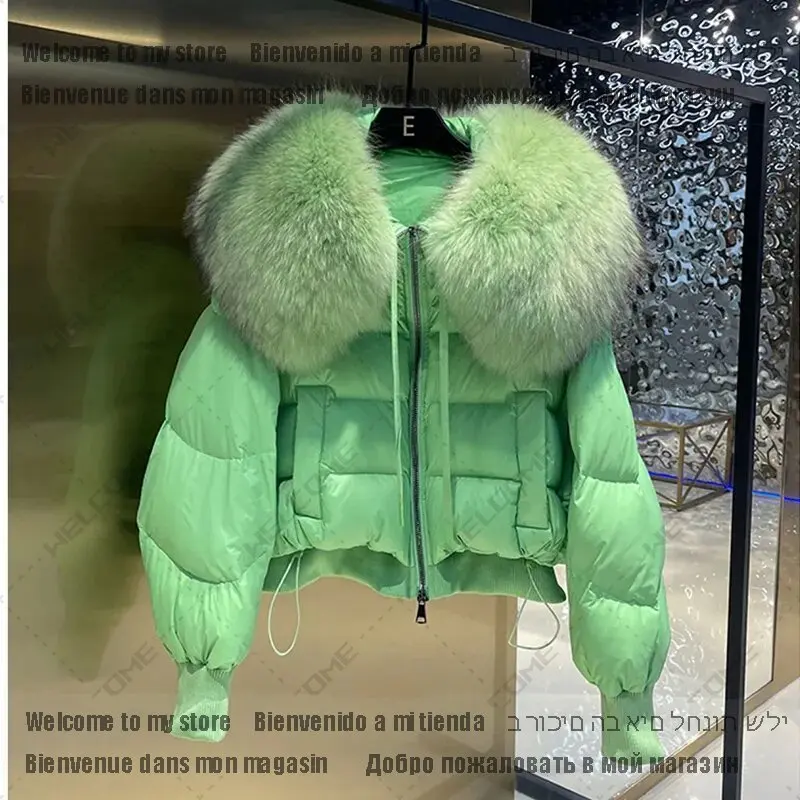 Winte-abrigo de plumón de pato para mujer, Parka verde de lujo con Cuello de piel grande, gruesa y cálida, chaqueta acolchada holgada para la nieve,