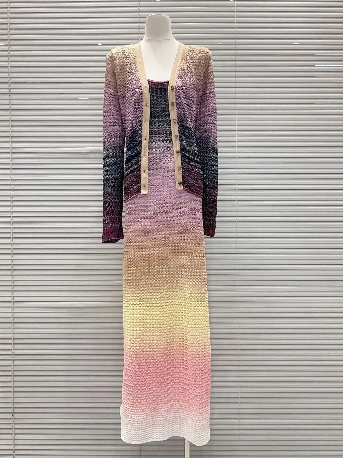 High-End Gradient Knitted V-Neck Open Cardigan And Strap Long Dress Fashion Set for Women Four Seasons Wear without Brand