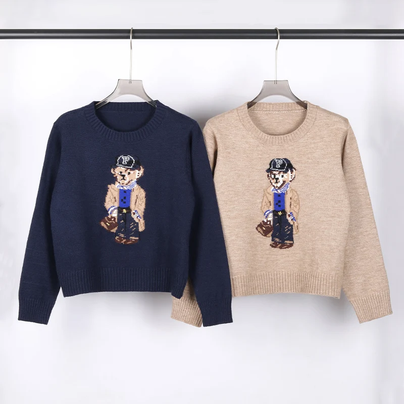 Crochet Bear Knit Sweater Pullover Women Jacquard Knitwear 2024 Autumn Winter RL Tops Coat Luxury Designer Brand Lauren Clothing