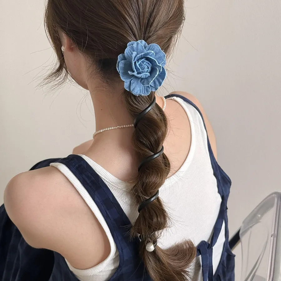 Summer internet celebrity denim blue flower phone line headband high-end feeling tied hair rubber band personality braided hair