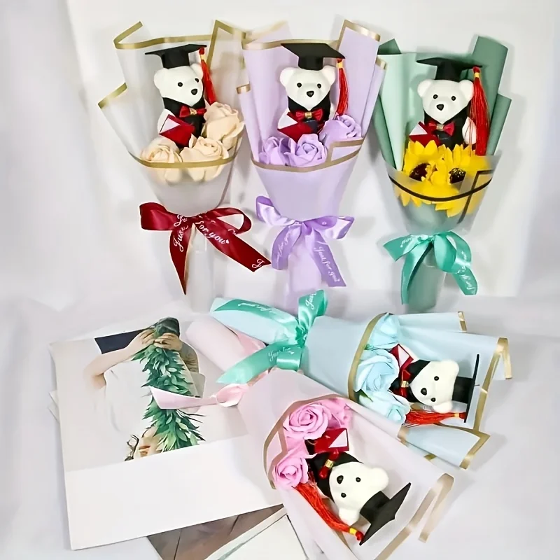 1 هدية إبداعية للتخرج دكتوراه الدب ثلاثة وردات باقة عباد الشمس، مناسبة لعيد الحب، عيد الأم، عيد المعلم