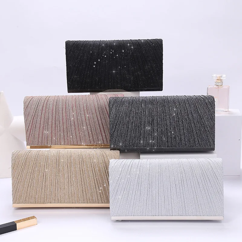 Women's Pleated Sequin Evening Clutch Bag Wedding Purse Bride Handbag Chain Crossbody Bag For Banquet Party Dinner Bag