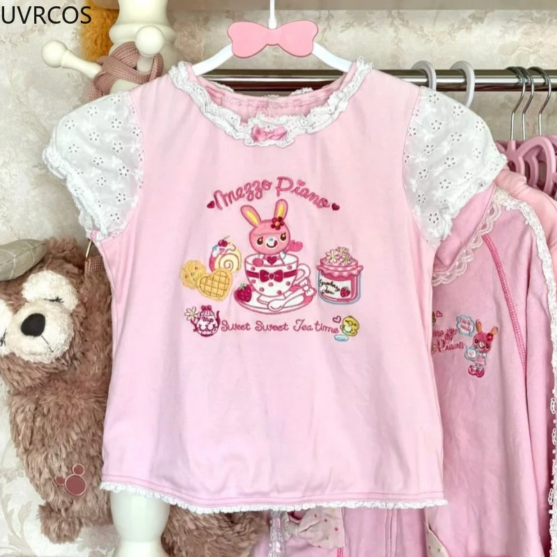 Japonês kawaii coelho impressão dos desenhos animados bonito lolita topos y2k estética rendas retalhos fino arco colheita t grunge doce fada camisetas