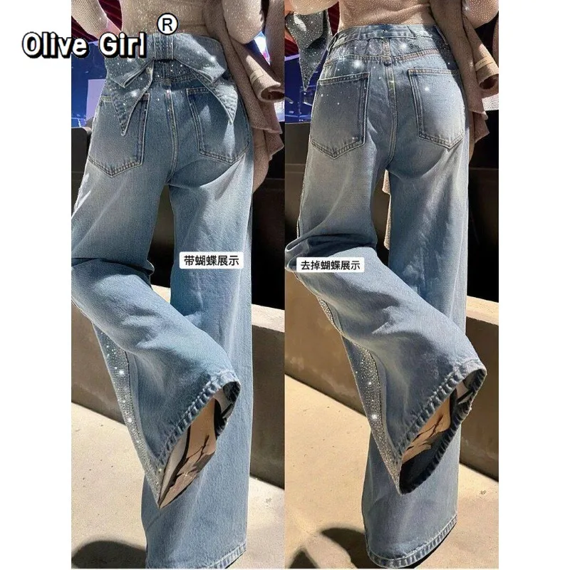Olivegirl European American Women's Sexy Jeans Retro Detachable Bow Rhinestone Hot Stamping Starry Sky Long Pants Spring Summer