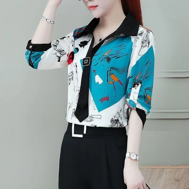 Summer Women\'s 2024 New Pullover Turndown Collar Printing Drawstring Slim Fit Fashion Elegant Casual 3/4 Sleeve Blouses Shirts