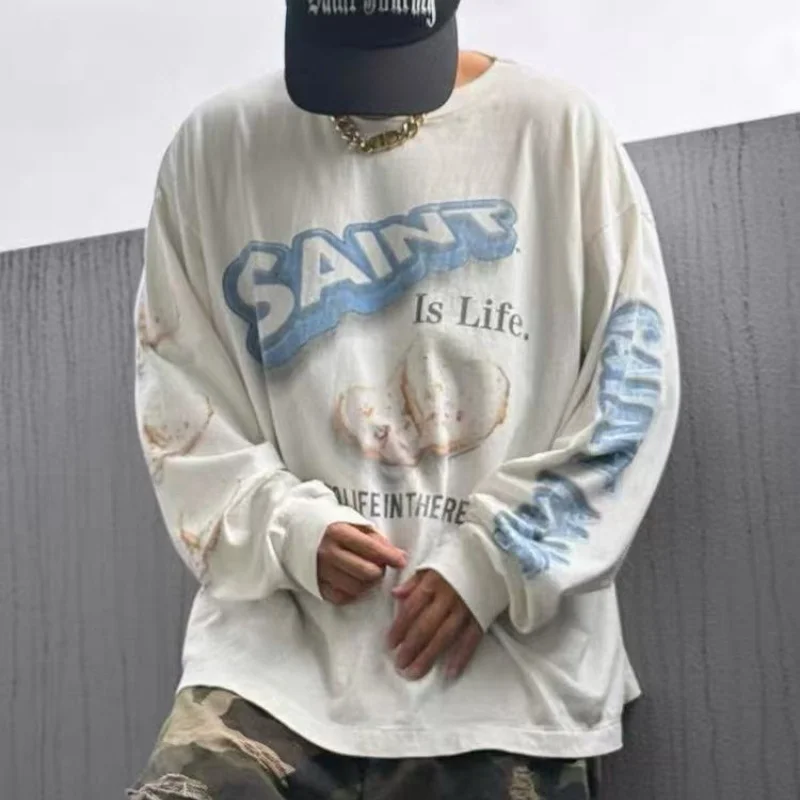

Saint Fashion Cartoon Letter Digital Print White Destroyed Round Neck Long Sleeve T-Shirt Autumn Men's Women's TEE