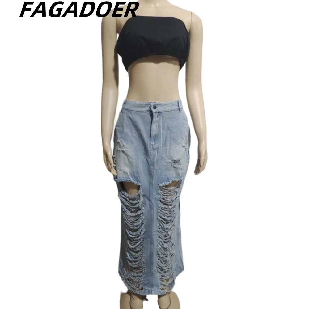 FAGADOER-saias jeans ocos casuais azuis para mulheres, botão de cintura alta, saia maxi reta, calças femininas de cowboy combinando, monocromáticas