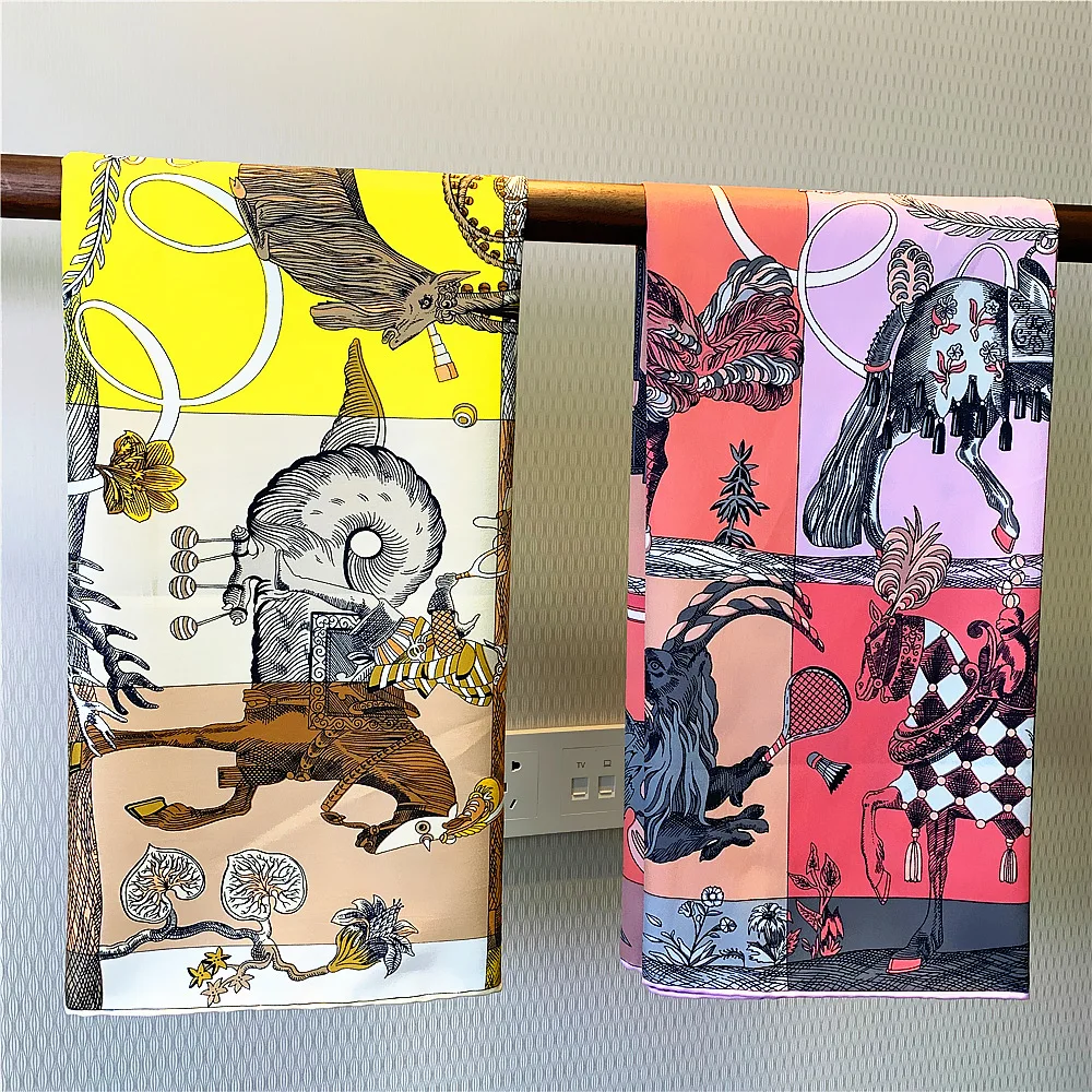 独占 90 センチメートル手巻きエッジ乗馬騎士デザインアニマルプリントレディースツイルスカーフショールホットアイテム