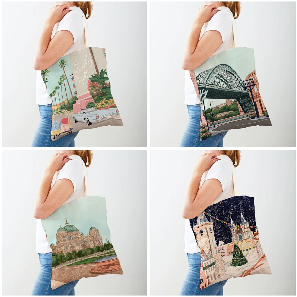 Barcelona Paris Morocco Berlin New York Women Shopping Bags Casual Canvas Double Print Art Girl Shopper Bag Lady Tote Handbags