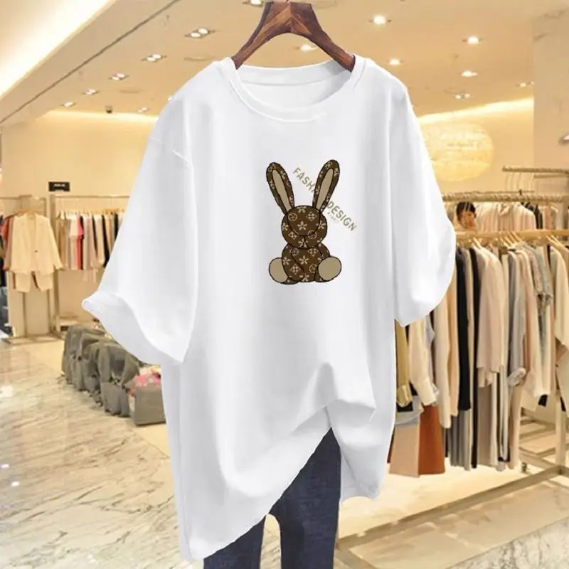 

Summer Pure Cotton Cartoon Printed T-shirt Fashion Loose Short Sleeve Top Tee Women's Chic Vintage Casual Pullovers