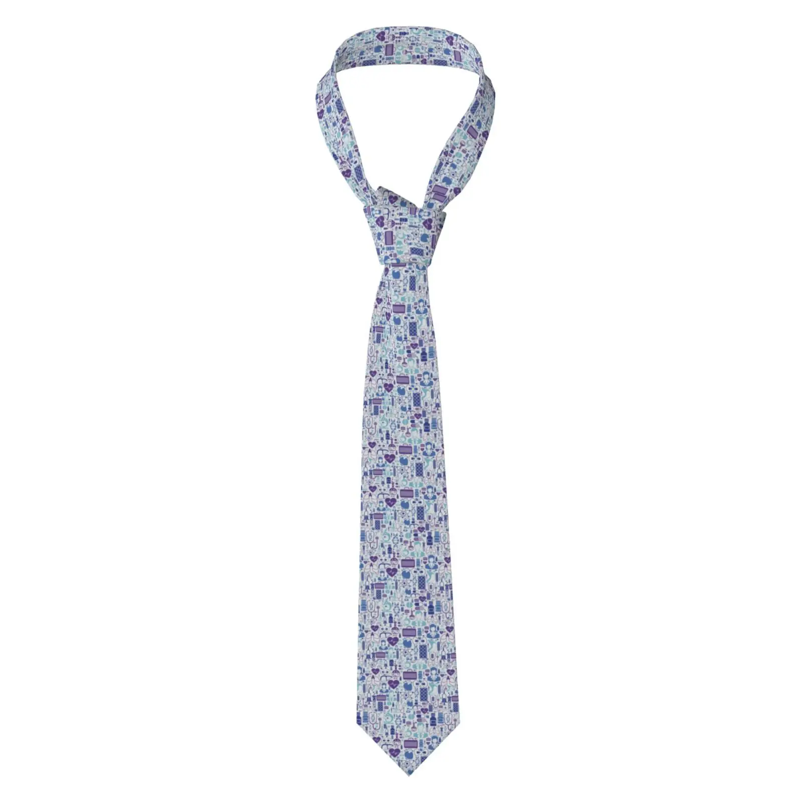 Light Blue Medical Print Men Necktie, Cartoon Nurse Stethoscope Heart Pill Pattern Neck Tie for Hospital Work Party Formal Wear