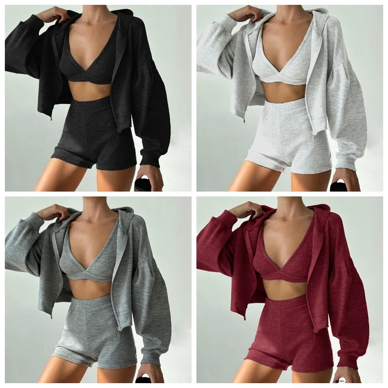 

solid color sports and leisure sweater three-piece women's V-neck vest + bottoming shorts + hooded jacket