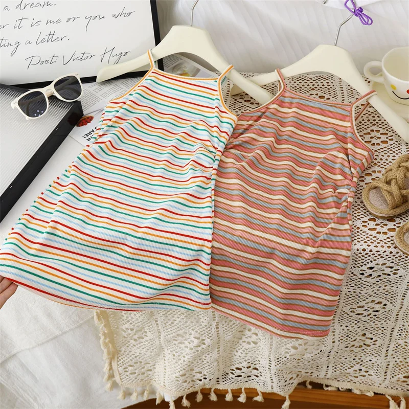 

Girls Suspender Striped Dress Children Summer Cool Vestidos Princess Casual Vest Dresses Fashion Baby Kids Sleeveless Clothing