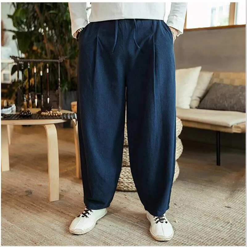 Large Size 6XL 7XL Men\'s Wide Leg Pants Cotton Linen Loose Harem Pants Summer Trousers Male Loose Pants Drawstring men clothing