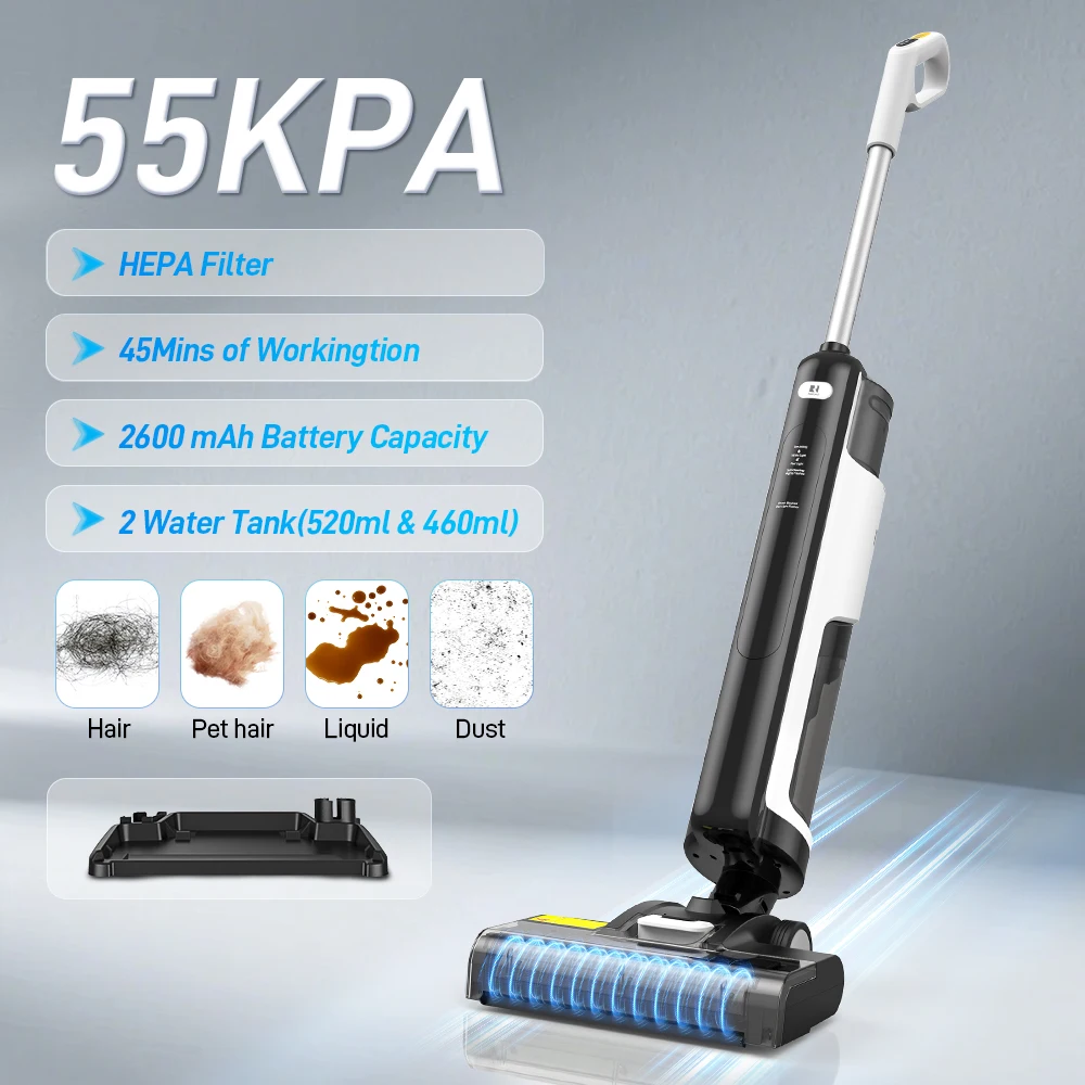 Redroad W12 SE Aspirateur sans fil eau et poussière, serpillière, aspiration 55000Pa, nettoyeur de sols à aspiration automatique, autonettoyant, appareil électroménager intelligent