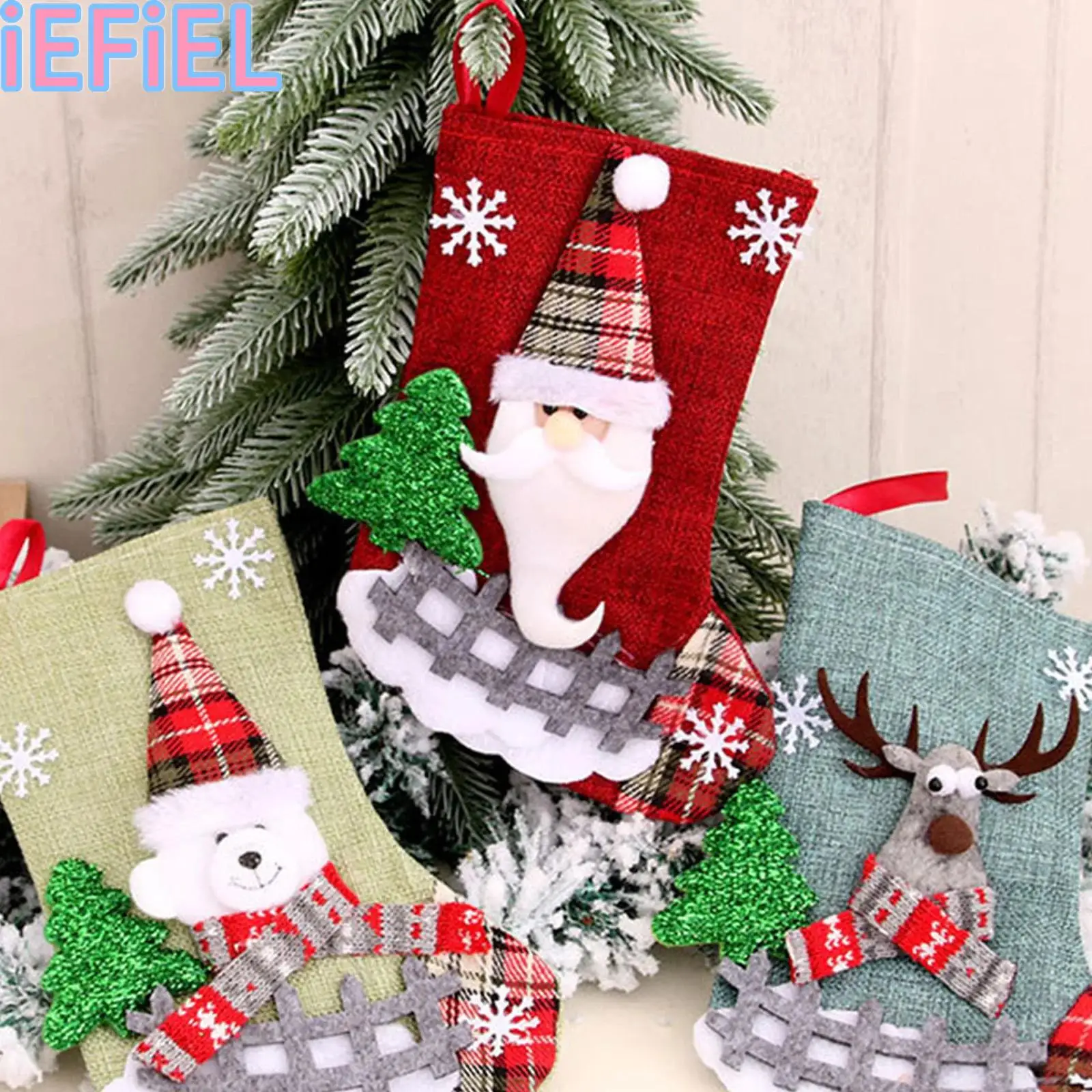 

Kids Christmas Stockings Deer Gnome Santa Snowman Bear Plaid Xmas Stocking Holiday Christmas Decoration Gifts for Family