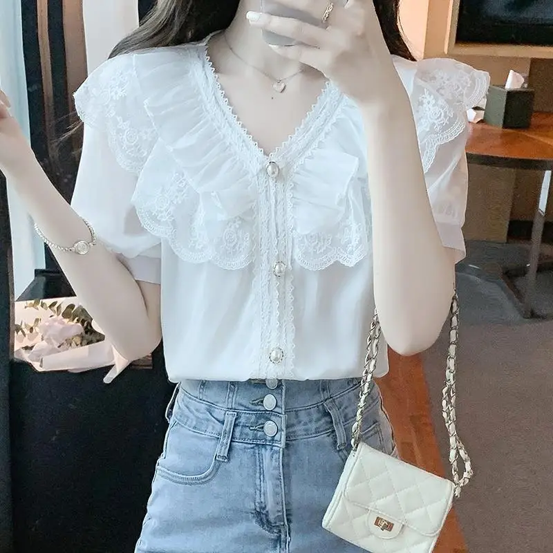 Women\'s Summer Stylish Ruffle Lace Patchwork Blouse White Elegant Chic Sweet Beaded Shirt V Neck Short Sleeve Tops Casual Blusas