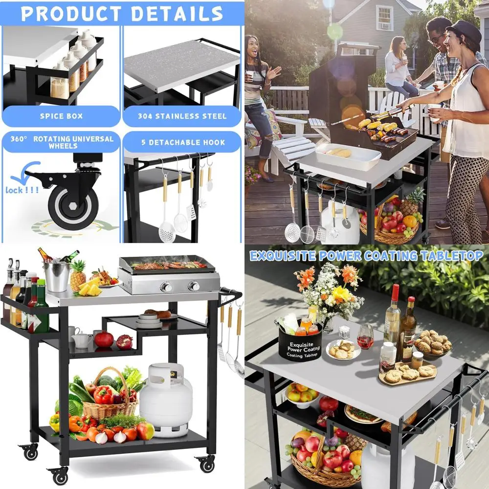 

Versatile Outdoor BBQ Cart with Pizza Oven and 3-Tier Prep Stand for Parties and Camping