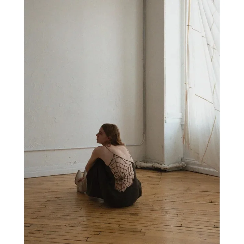 DY20Pequeño diseño de nicho gótico oscuro decadente telaraña perspectiva vestido con tirantes chaleco falda larga25