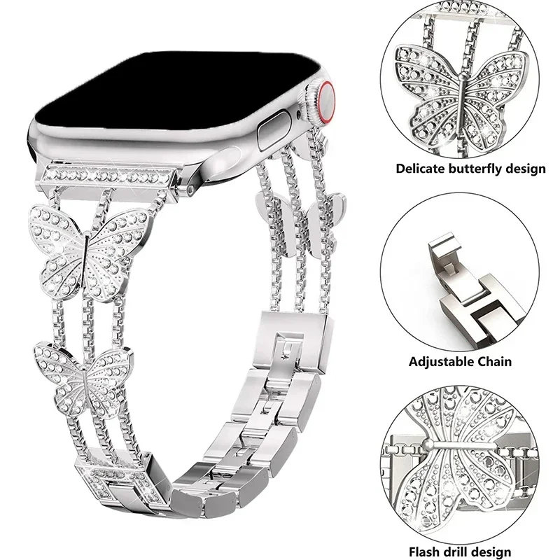 Butterfly Diamond Band for Apple Watch Ultra Strap 38 40mm 42 44mm 46mm 45mm 49mm Stainless Steel Metal Bracelet iWatch 10 9 8 7