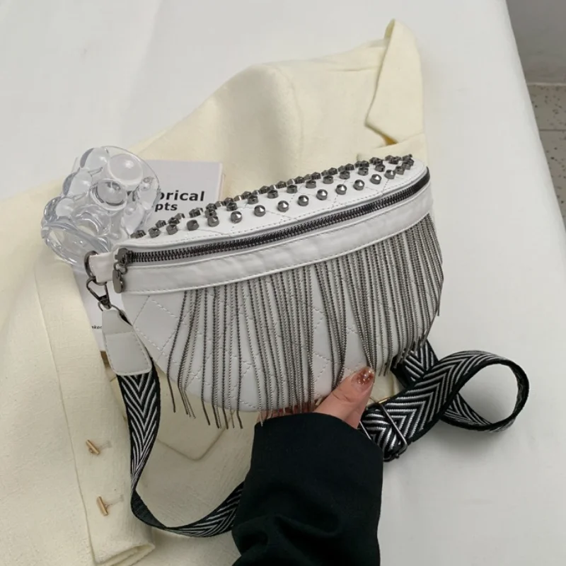 

Luxury Rivet Tassel Fanny Packs For Women Diamond Lattice PU Leather Waist Bag Female Waist Pack Wide Strap Crossbody Chest Bag