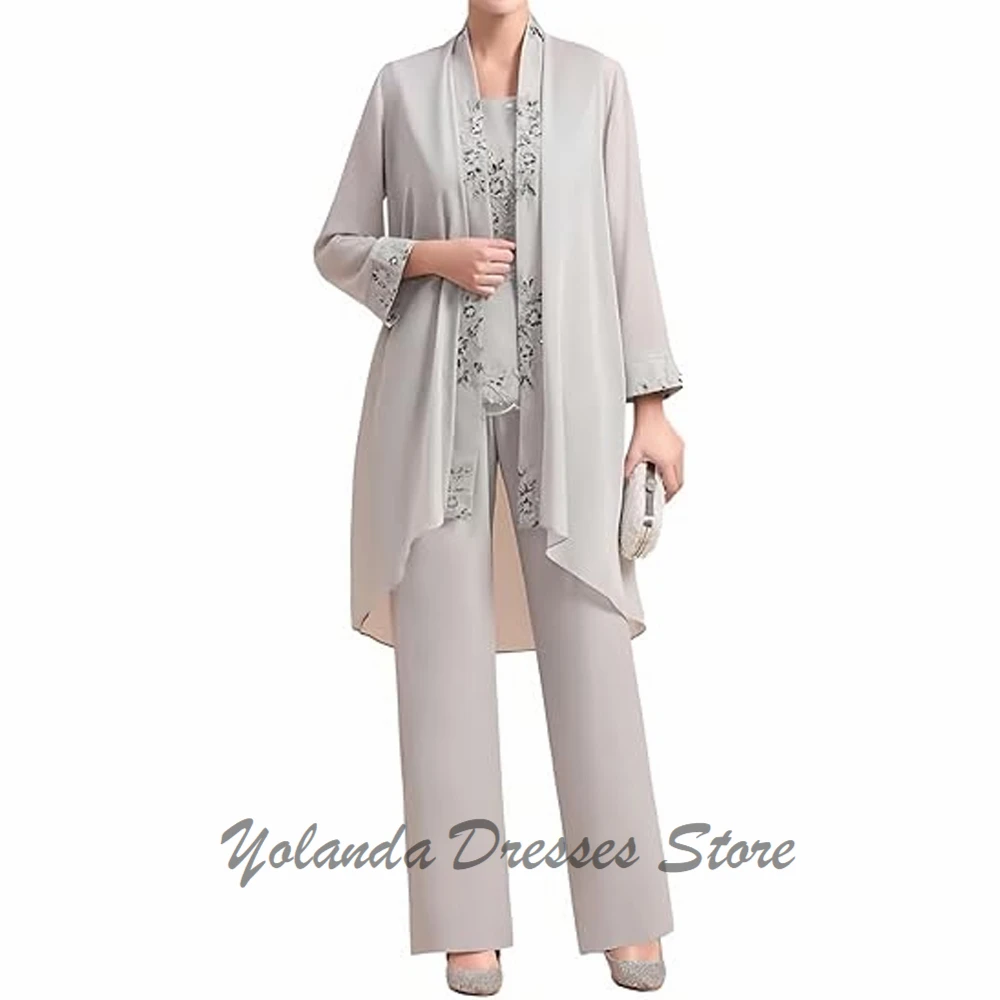 

Customized 3 Pieces Mother of The Bride Dresses Long Sleeves Formal Evening Gown Scoop Neck Wedding Guest Dress Applique Lace