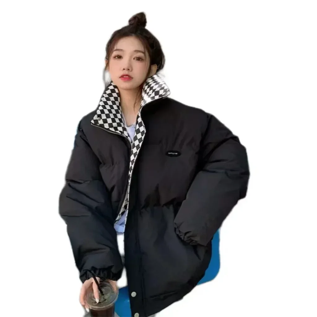 Vintage Argyle Thick Woman Parka Short Top Winter Warm Long Sleeve Turn-down Collar Jack Zipper Casual Hipster Lady Padded Coat