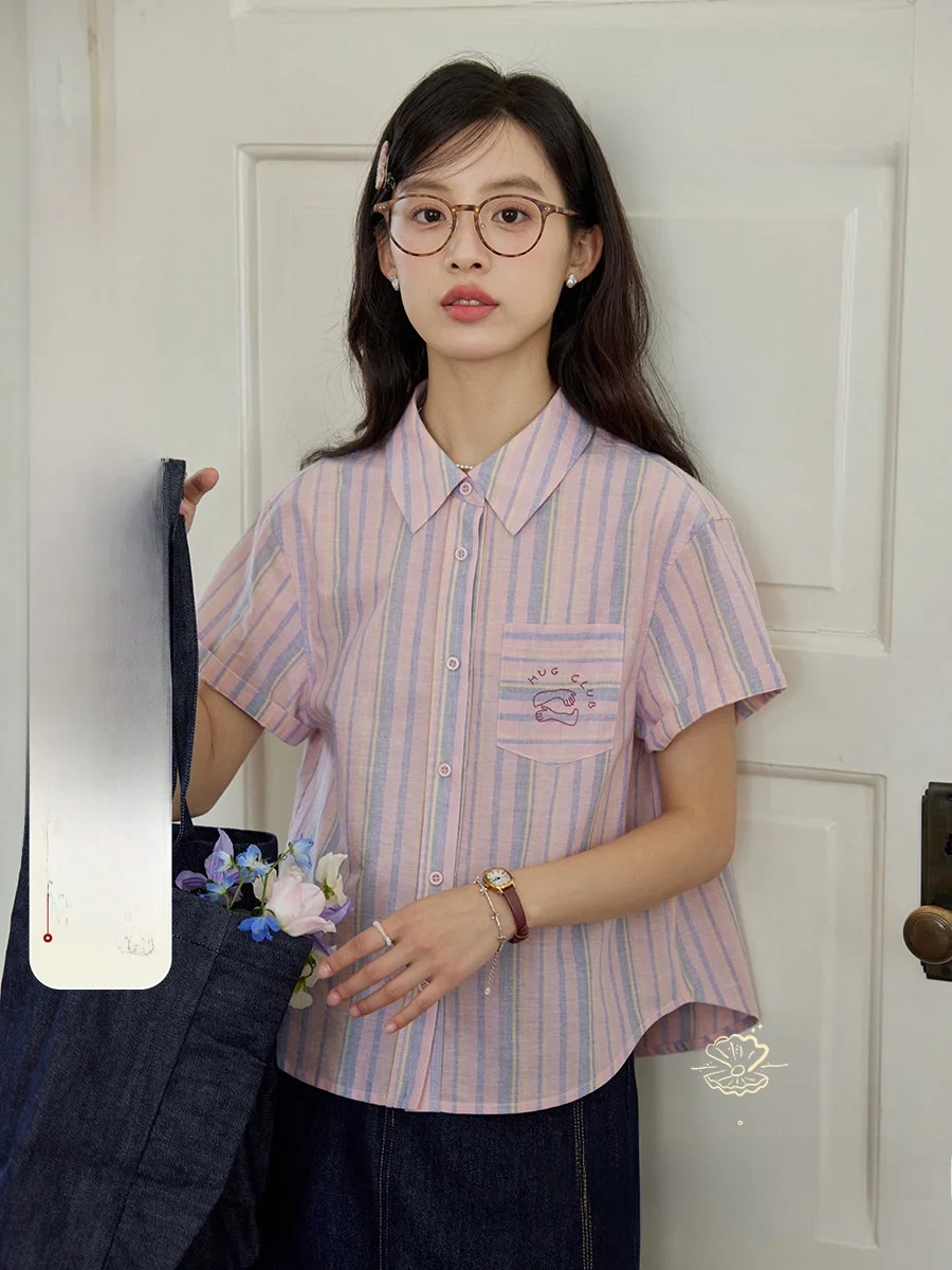 

Nov Et Casual Striped Embroidered ort Sve Women's irt Summer Versatile Loose Fit Cotton Vintage Sle Button up