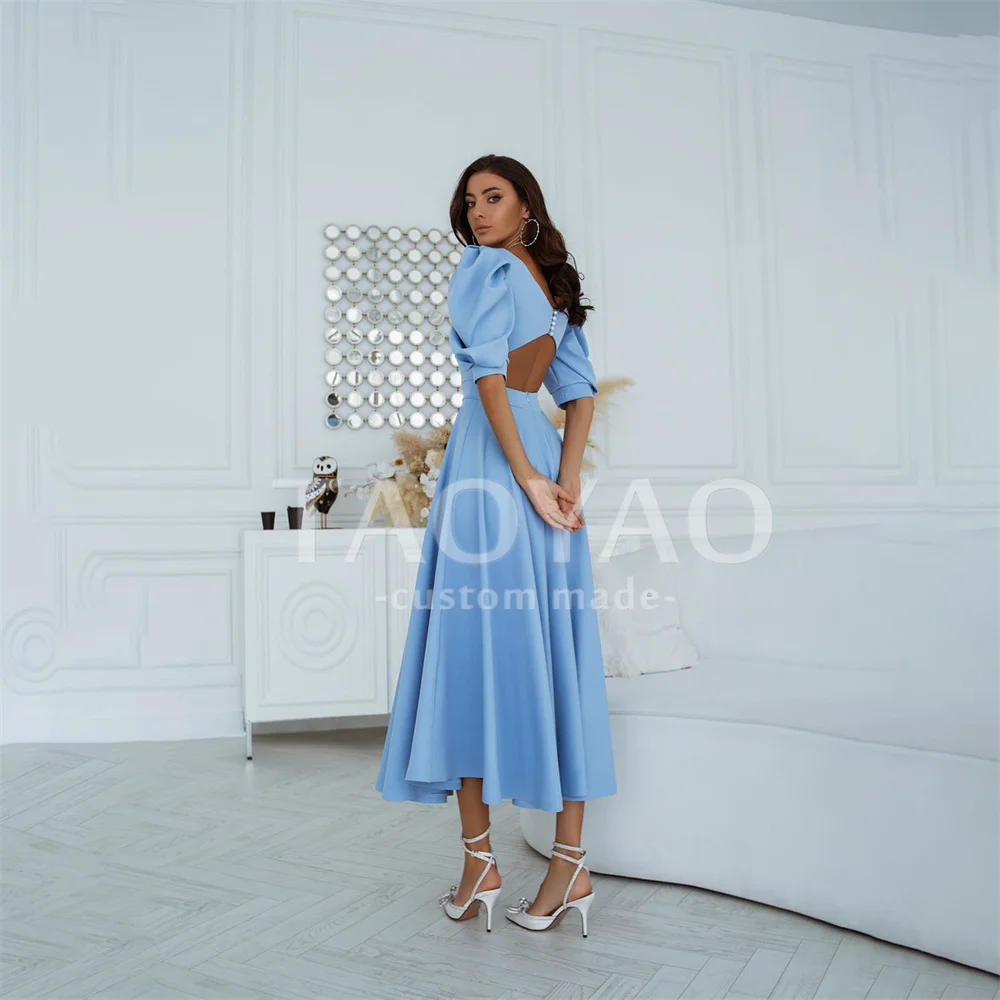 Gorgeous A-Line Scoop Neck Evening Dresses Puff Short Sleeves Sky Blue Party Dresses Backless Prom Gowns Robe De Soirée Vestido