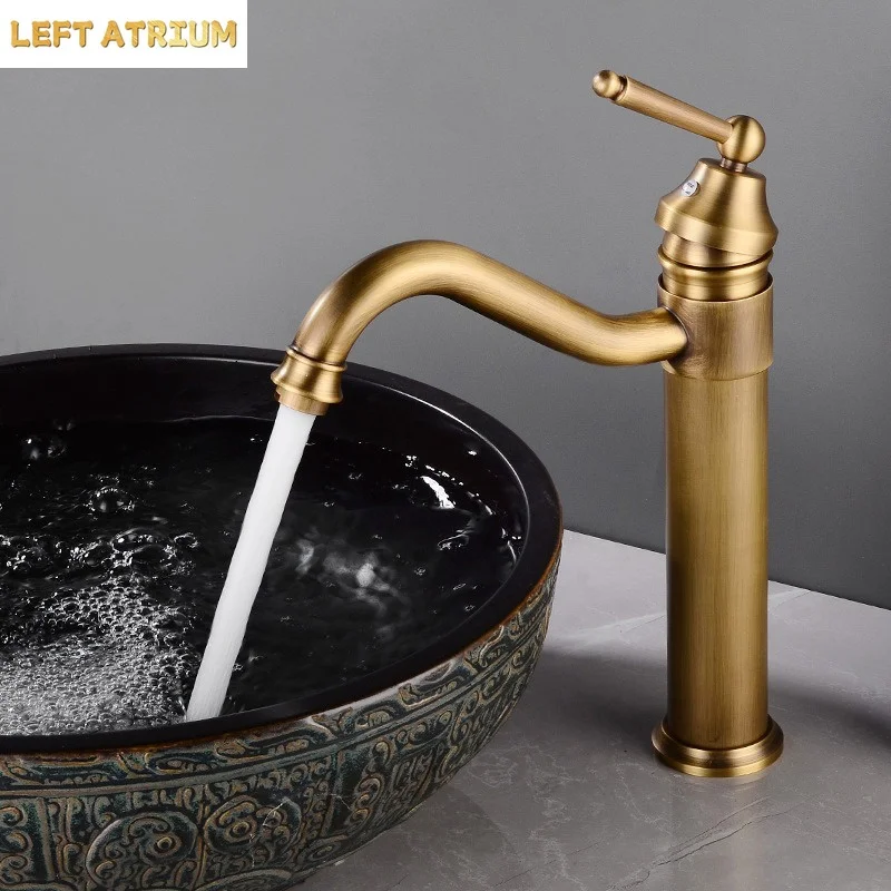 Basin Faucet Brass Antique European Style Hot and Cold Water Bathroom Cabinet Raised Single Hole Countertop Basin Vintage Faucet