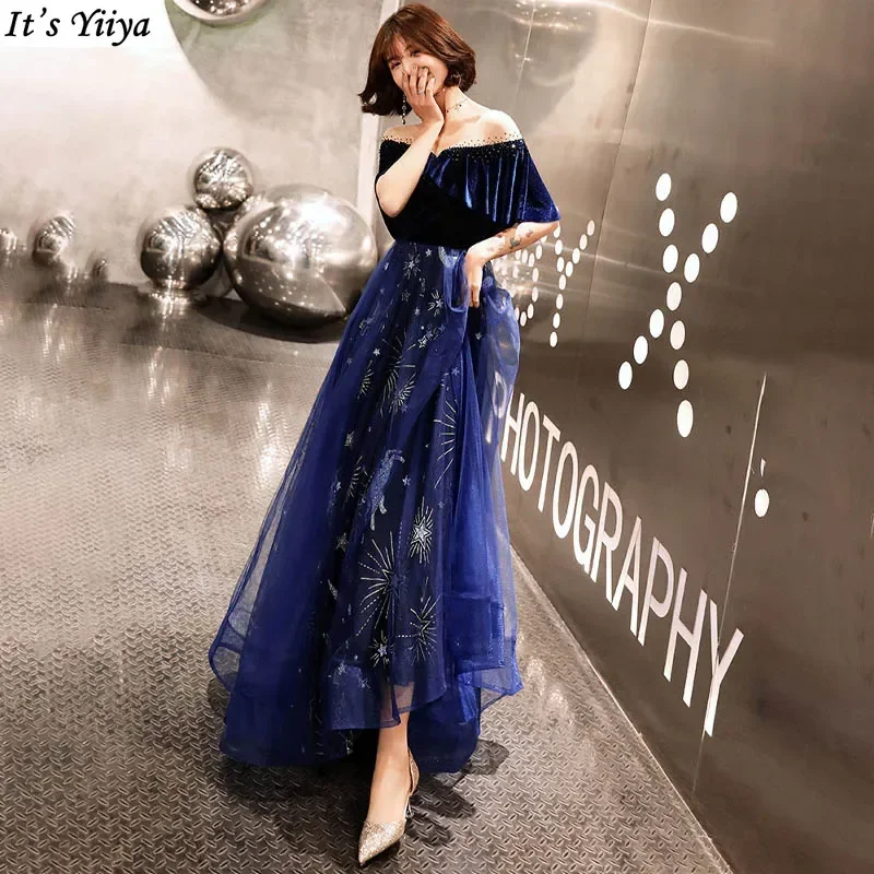 

It's Yiiya Customized Evening Dress Navy Blue V-neck A-Line Ruffles Short Sleeves Floor-Length Plus size Woman Formal Party Gown