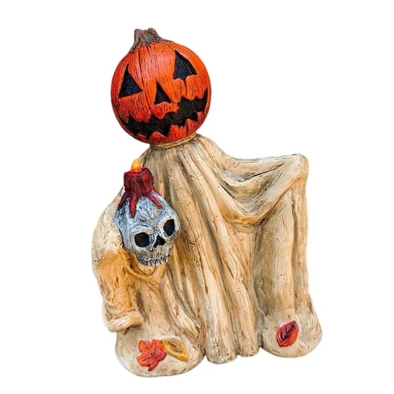 Horror Pumpkin Head Cloak Wizard Figurine Halloween Resins Statue Table Decors Ornament for Hauntingly Fun Home Accent