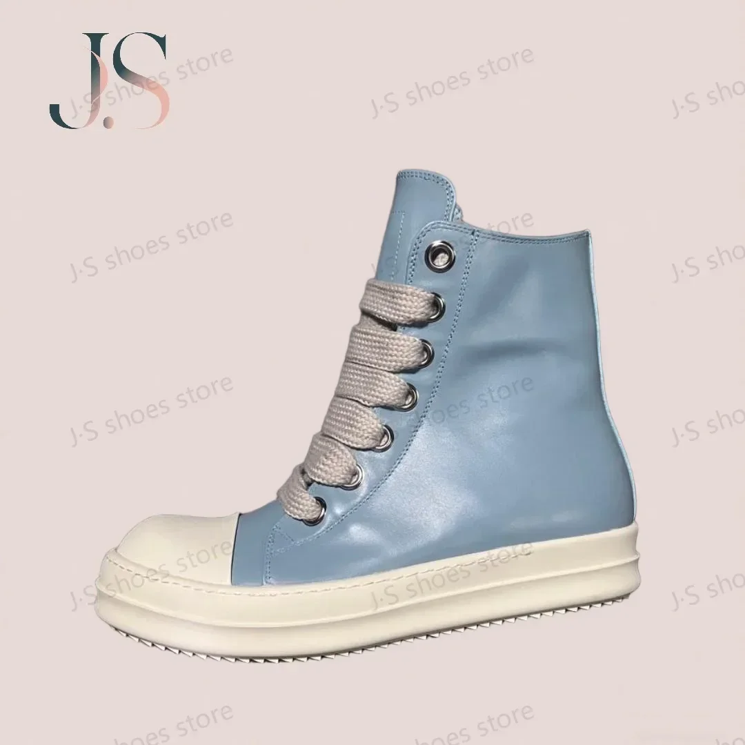 

R-o Men Sneaker Wathet Blue Leather High Top Shoe Jumbo Laces Ankle Boot Women Casual Shoes Zipper Cowhide Boots Sneakers