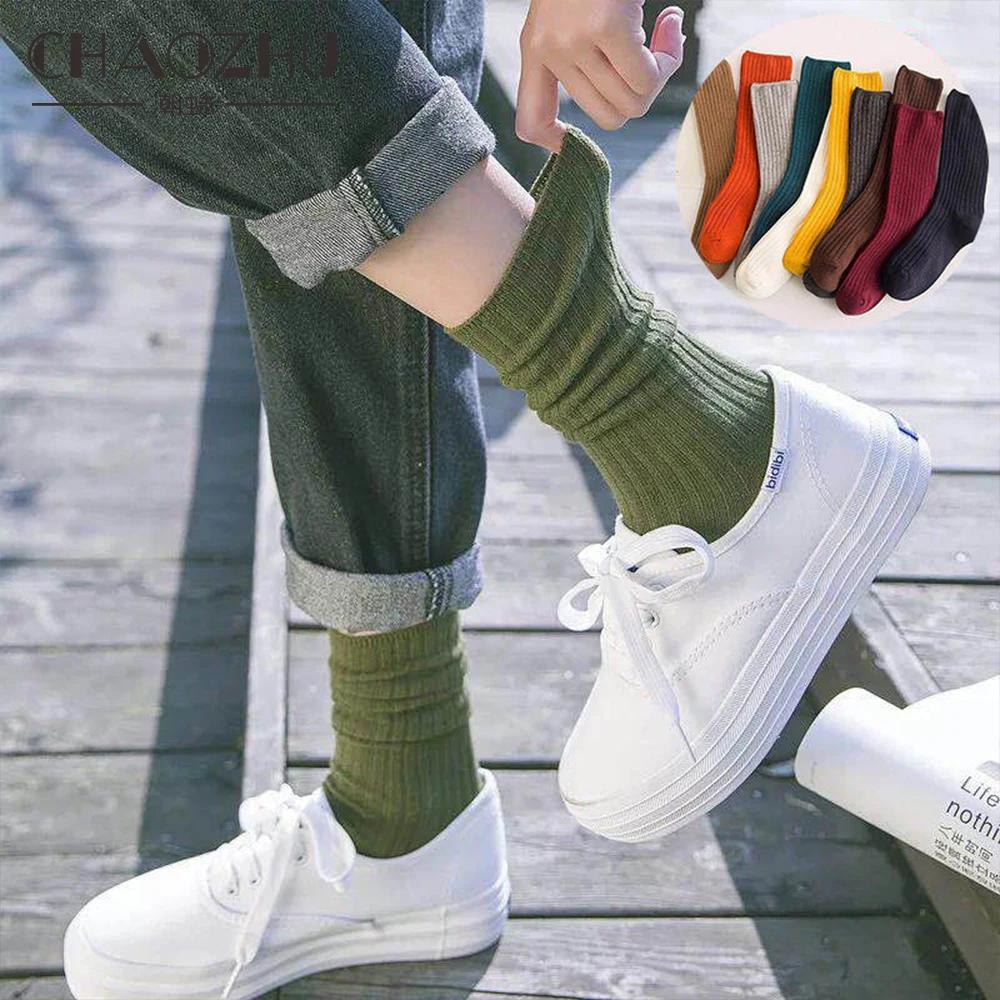 5 pairs solid ribbed crew socks women mixed color 4 seasons fit loose socks set daily basic sox