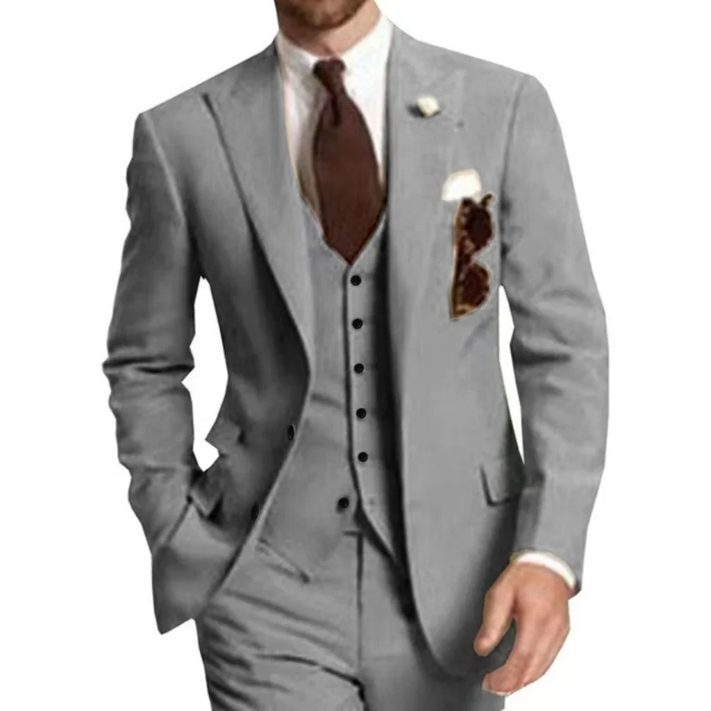 

Men's 3-Piece Elegant Tuxedo Suit Peak Lapel Blazer Vest And Pants Set High Quality Wedding Business Male Elegant Suit