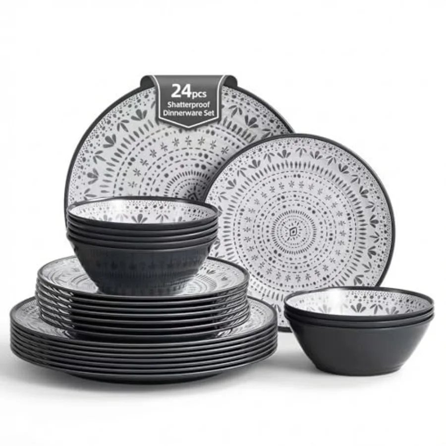 

Plastic Melamine Dinnerware Sets of 24PCSOutdoor Dishware Sets for 8 Lightweight Dinnerware Plates and Bowls Sets for 8 Camping