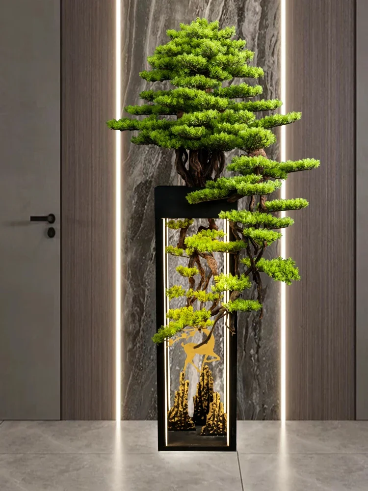 Simulated welcome pine, fake trees, and green plants, floor to ceiling decorations, living room, hotel decoration