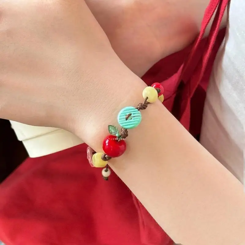 1/2Pcs Apples Bracelet Girls Set Brown Cord Cute Design for School Functions
