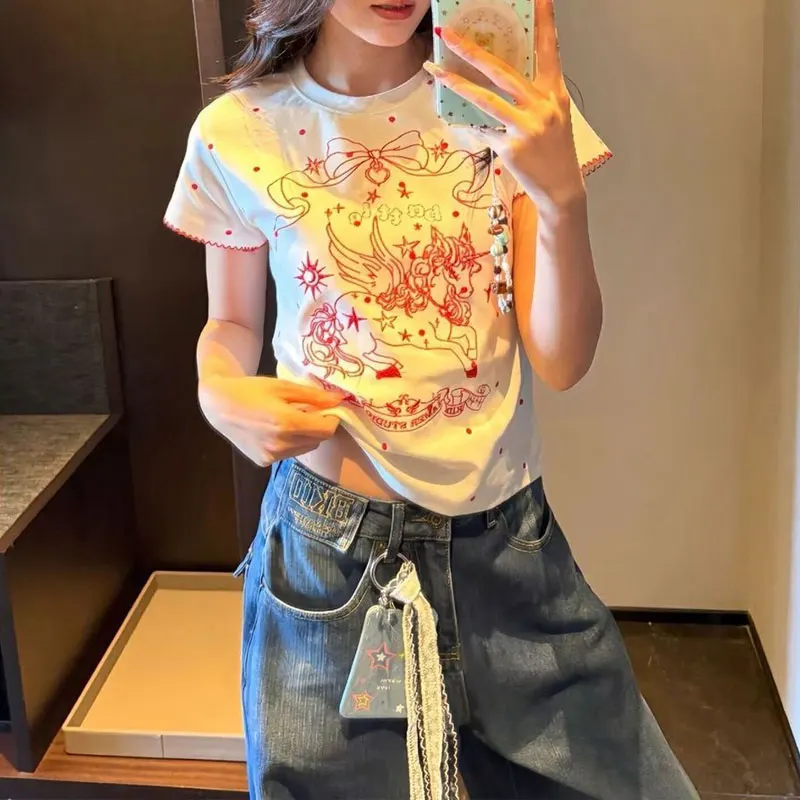 

American Retro Polka Dot Unicorn Slim T-shirts Women's Clothing Short Sleeve Summer Basic Round Neck Casual Embroidery Pullovers