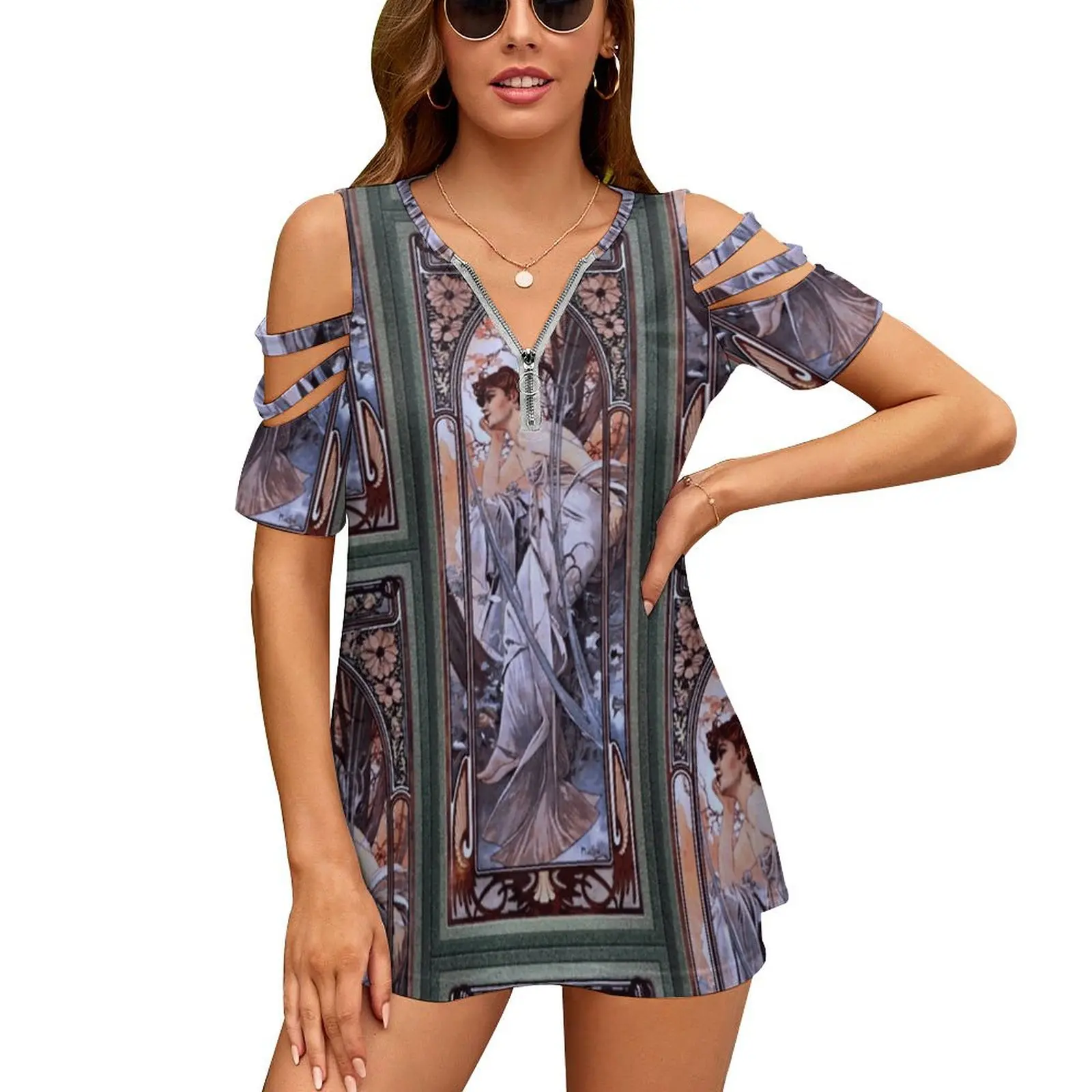 Evening Reverie By Alphonse Mucha-Old Masters Prints Women T-Shirt Crewneck Casual Short Sleeve Tops Summer Tees Evening