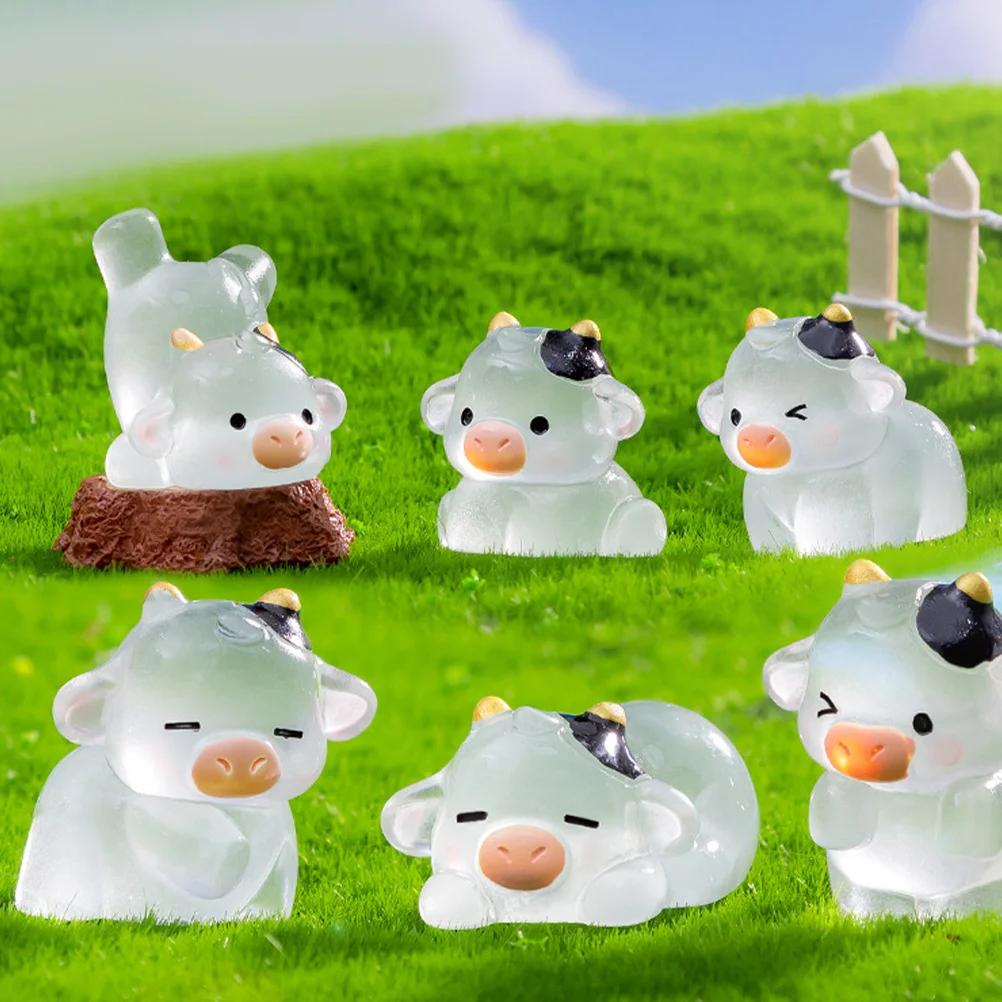 

6Pcs Cow Figurines Resin Miniature Cow Decor for Garden Lawn Balcony Tiny Statues Night Glow Decorations Miniature Figurines