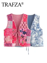 TRAFZA Women Vintage Print Quilted Vests V Neck Lace Up Sleeveless Waistcoat Tops Autumn Female Chic Open Front Outerwear Coats