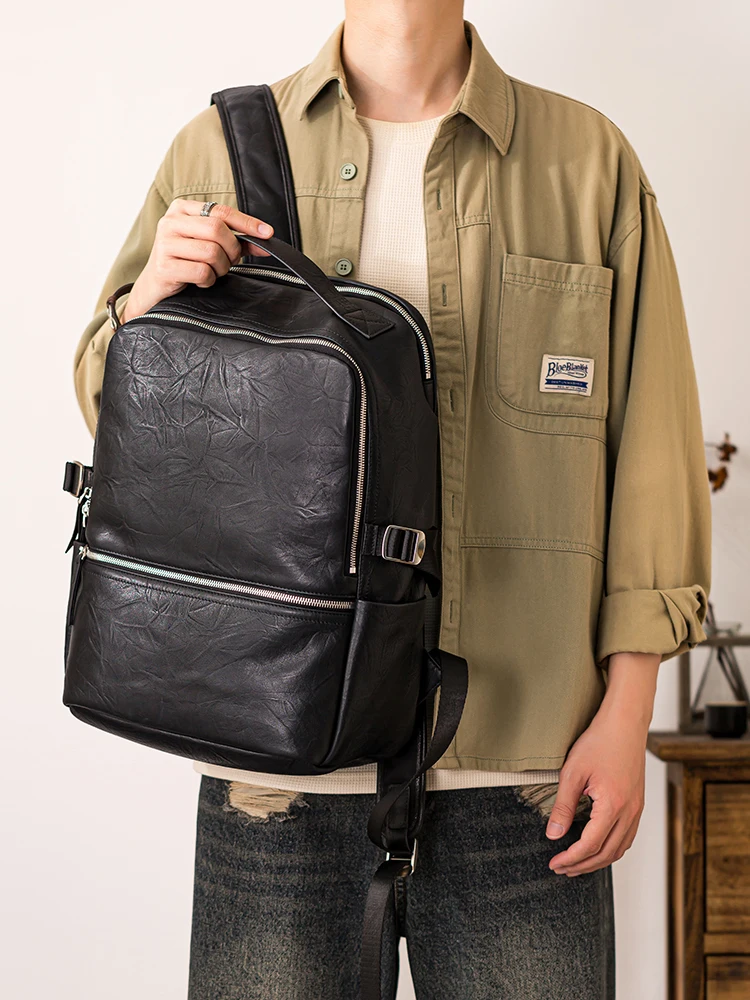 

fashion casual luxury high quality genuine leather men's black backpack Outdoor travel cow leather brand computer bagpack